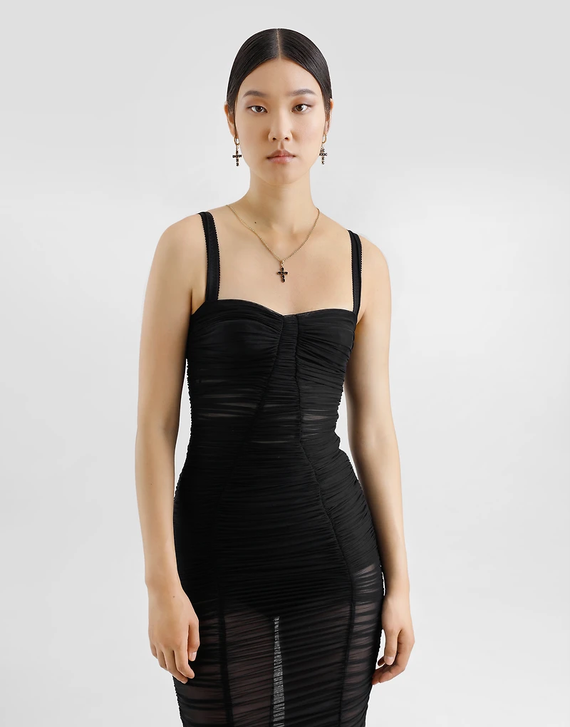 Calf-length stretch tulle slip dress