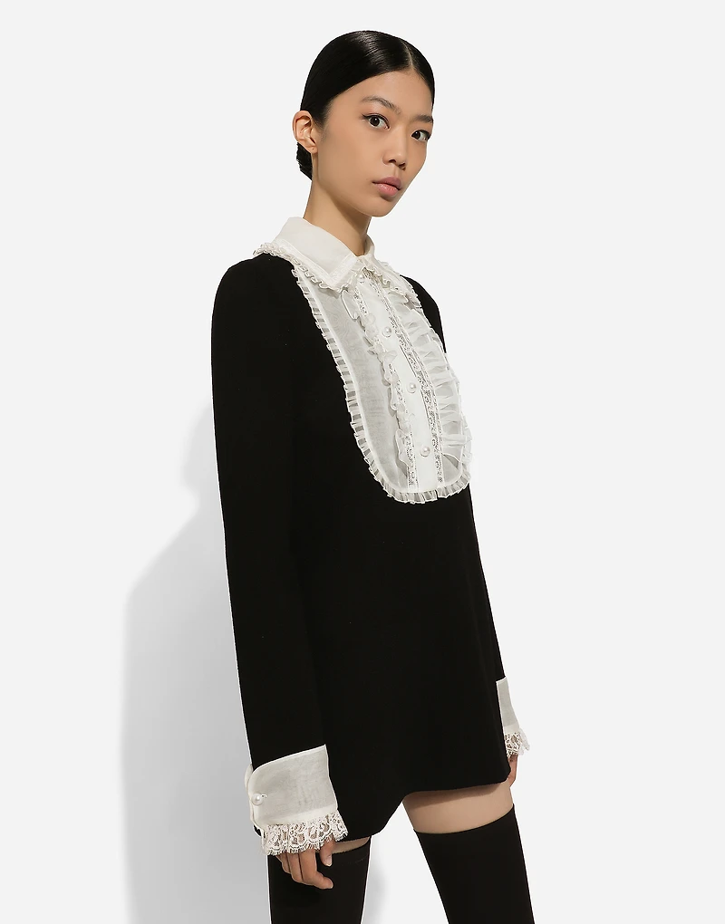 Short wool crepe dress with organza shirt front