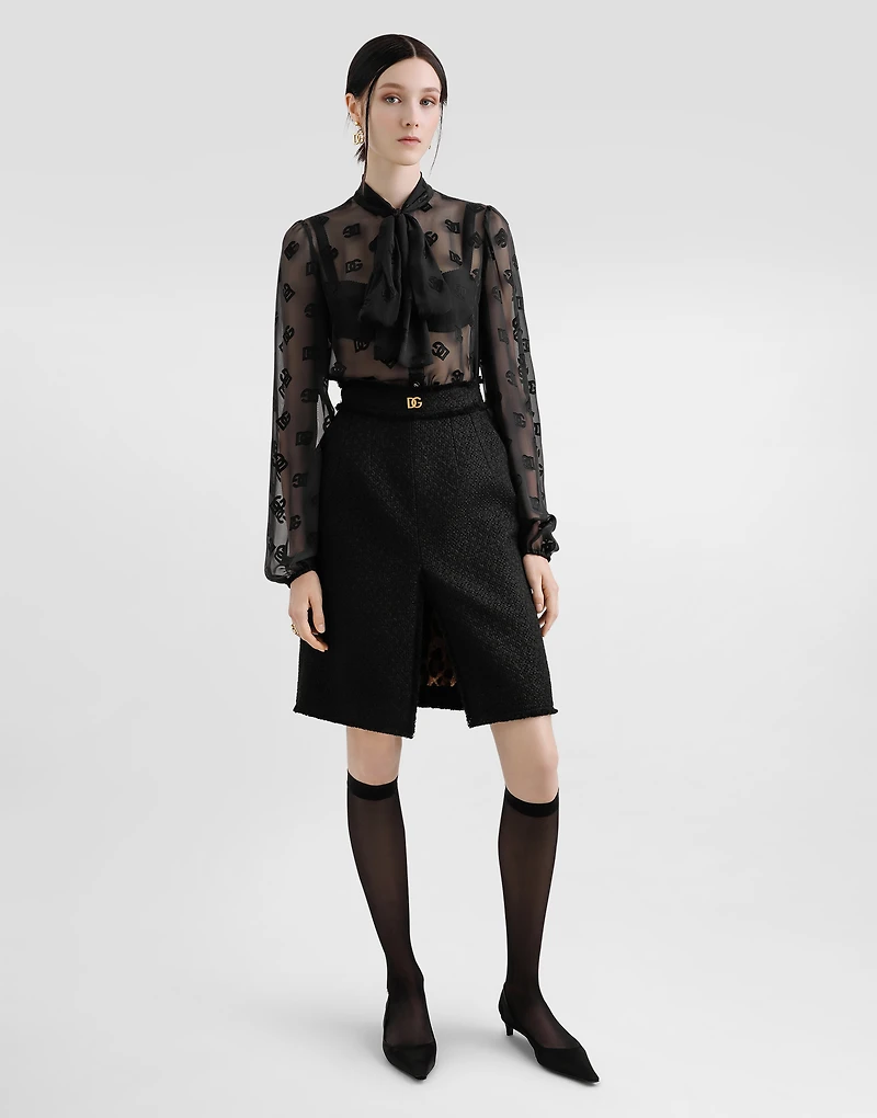 Raschel tweed midi skirt with central slit and DG logo