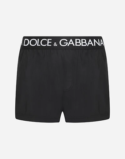 Short swim trunks with branded stretch waistband