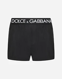 Short swim trunks with branded stretch waistband