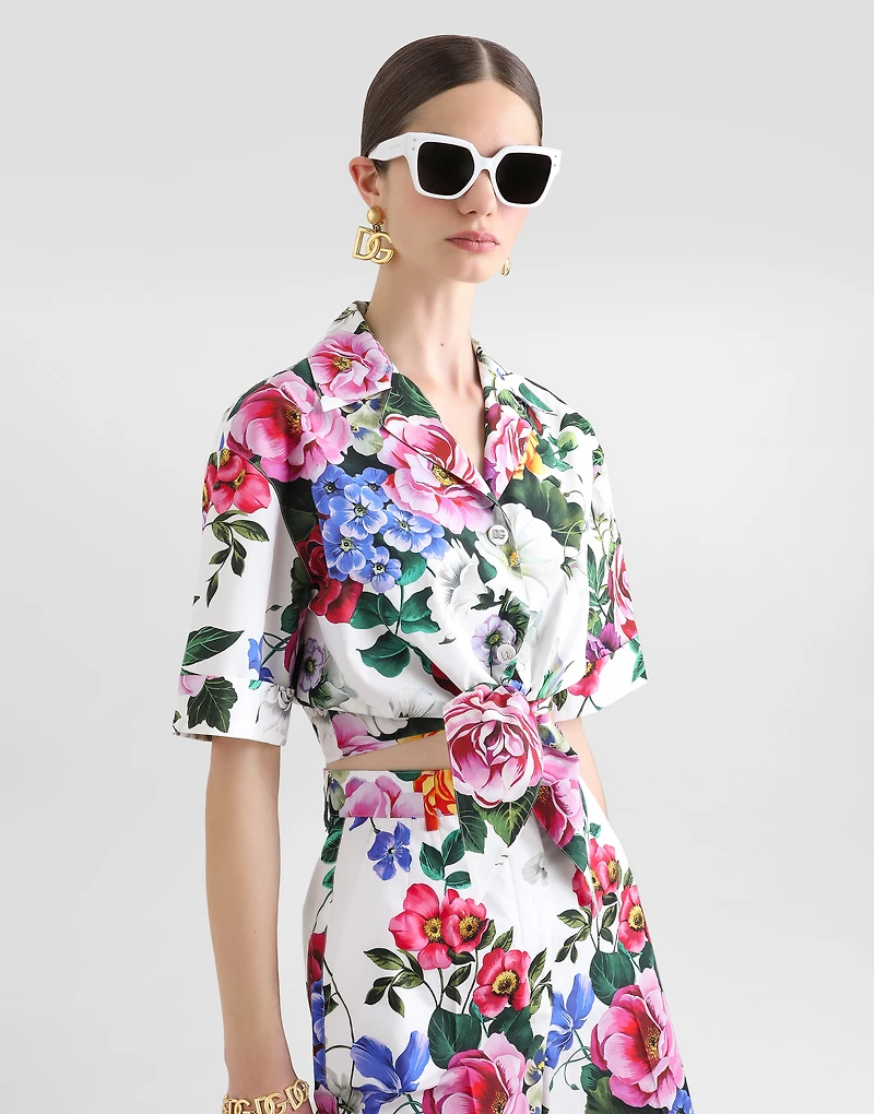 Cotton pussy-bow shirt with floral print