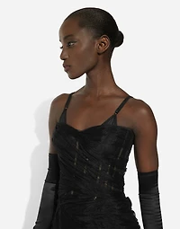 Tulle calf-length corset dress with draping
