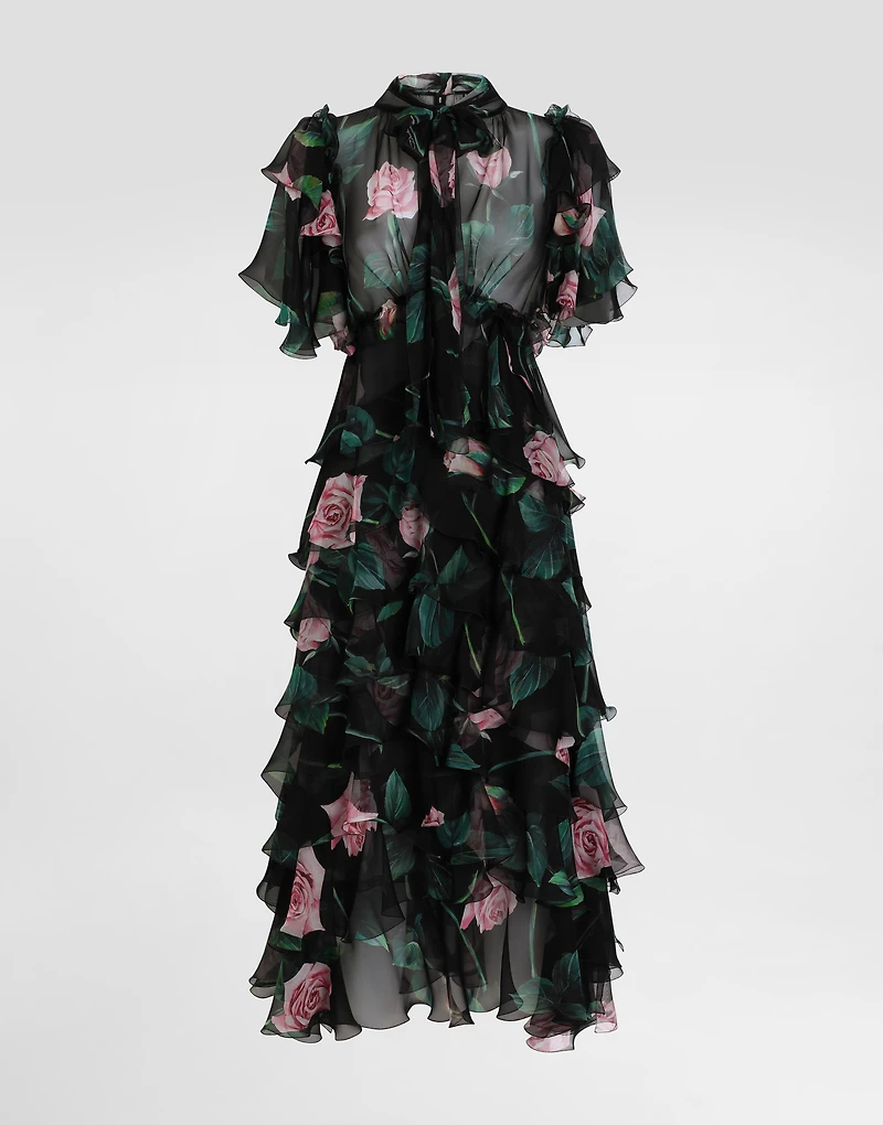 Rose-print chiffon calf-length dress with ruffles and flounces