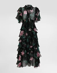Rose-print chiffon calf-length dress with ruffles and flounces