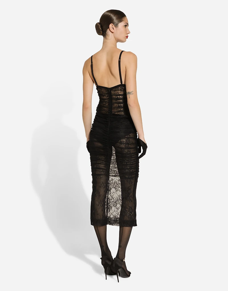 Calf-length stretch Chantilly lace slip dress
