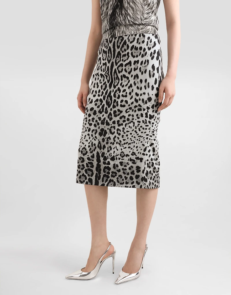 Charmeuse calf-length pencil skirt with leopard print