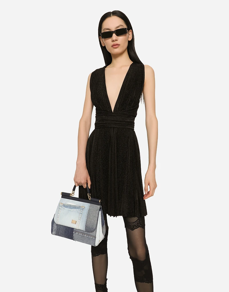 Short pleated lurex mesh dress