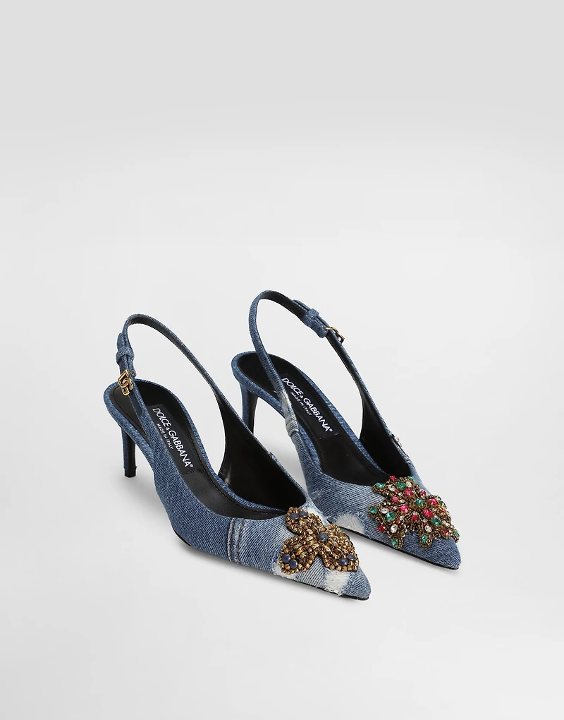 Denim patchwork slingback with embroidery