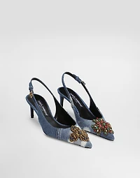 Denim patchwork slingback with embroidery