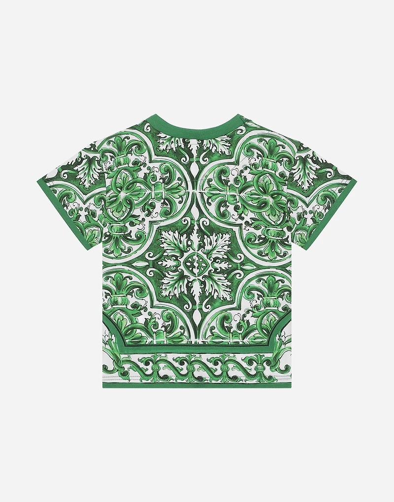 Jersey T-shirt with all-over green majolica print