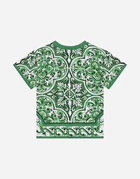 Jersey T-shirt with all-over green majolica print
