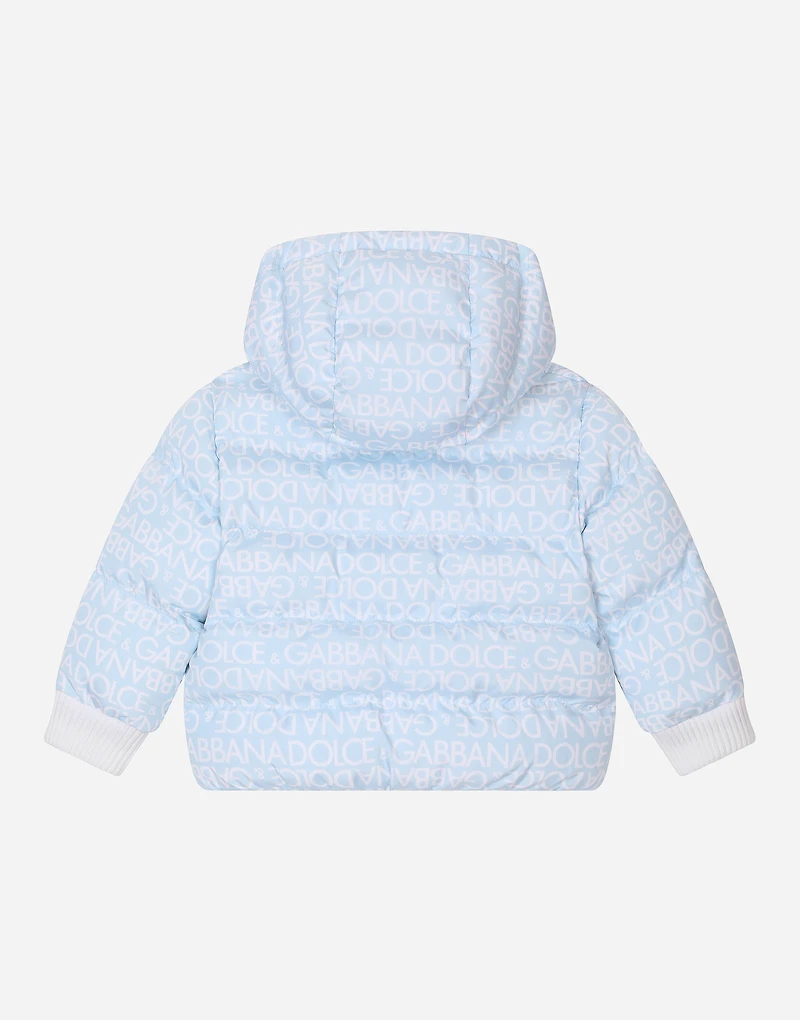 Short down jacket with all-over logo detailing and patch