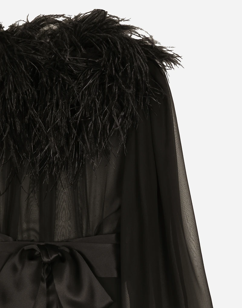 Long silk chiffon dress with ostrich feather details