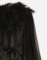 Long silk chiffon dress with ostrich feather details