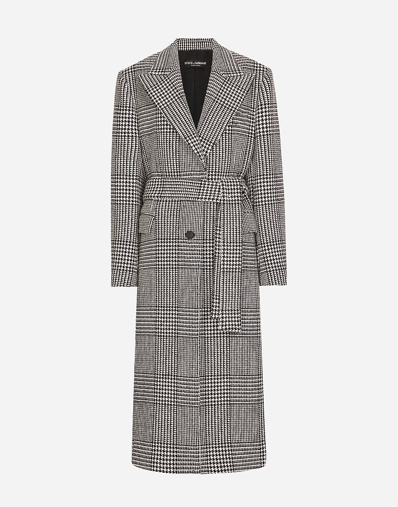 Single-breasted houndstooth check coat with belt