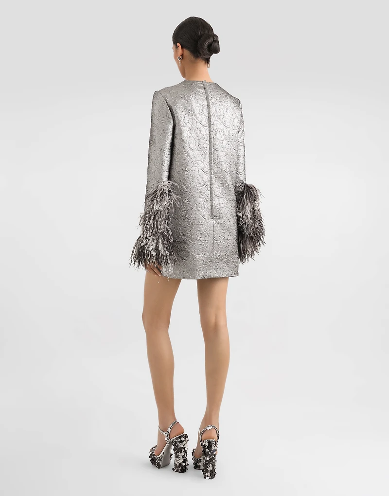 Quilted lamé jacquard sack minidress with feathered cuffs