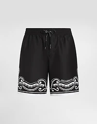 Mid-length swim trunks with bandanna print