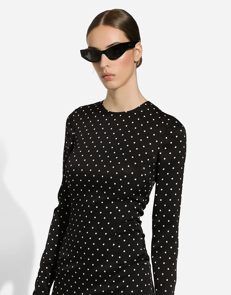 Charmeuse calf-length sheath dress with polka-dot print