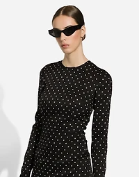 Charmeuse calf-length sheath dress with polka-dot print