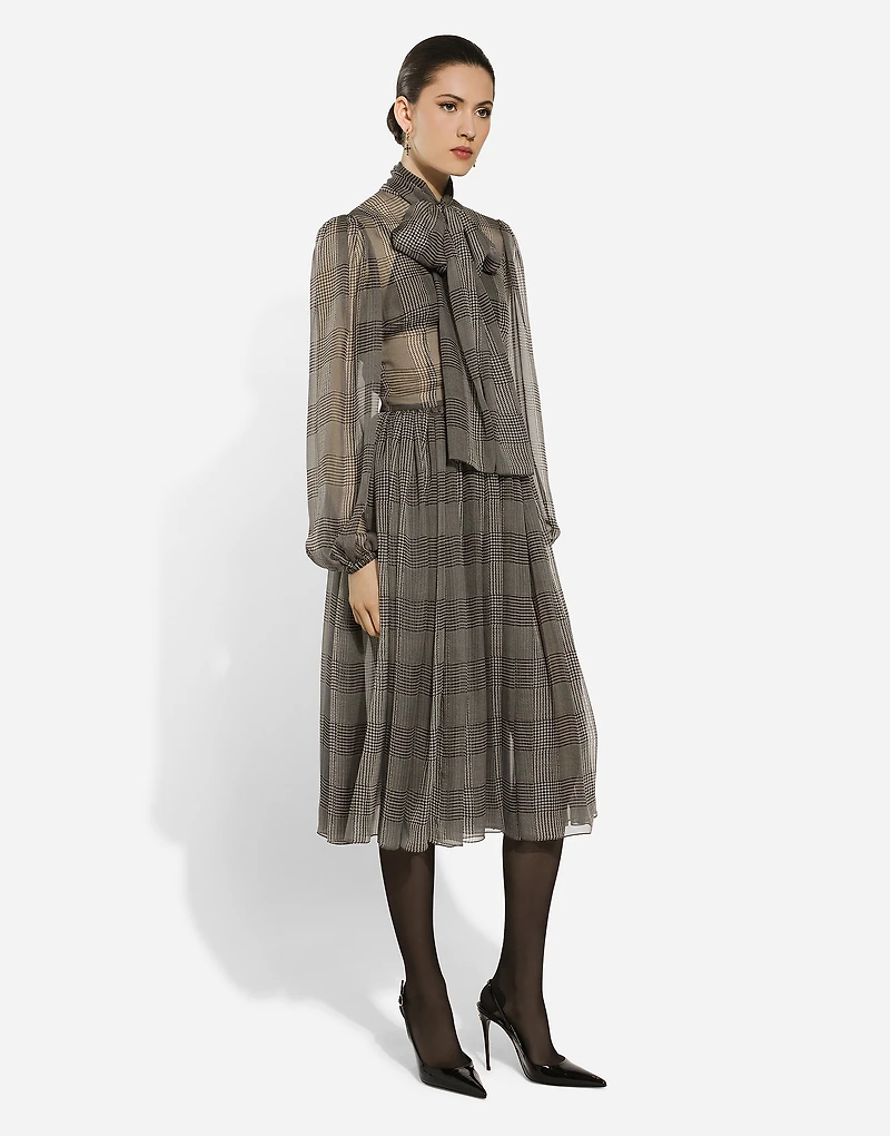 Silk chiffon dress with glen plaid print