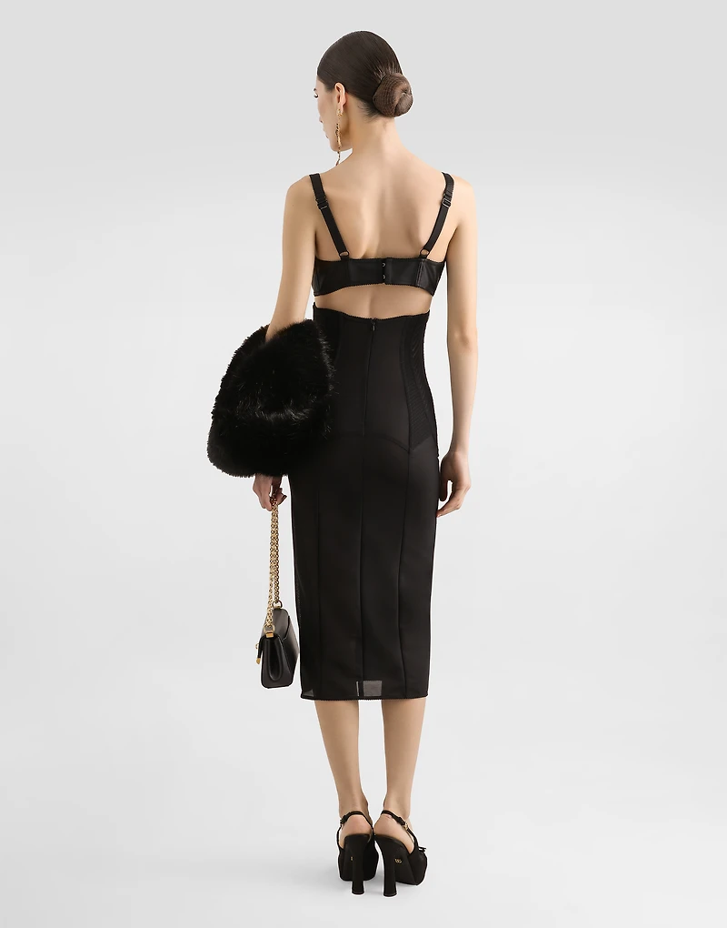 Calf-length satin and lace dress with corset details