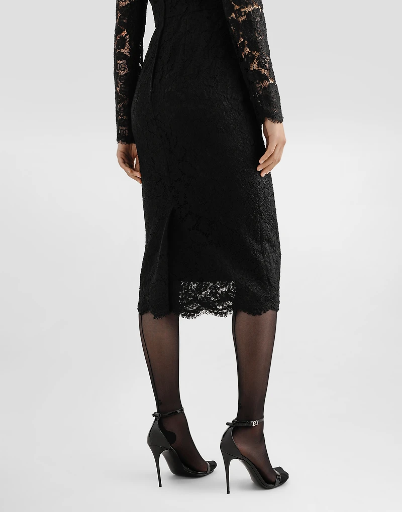 Long-sleeved calf-length dress branded stretch lace
