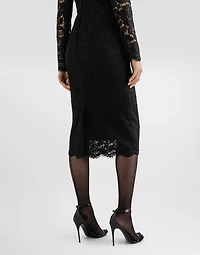 Long-sleeved calf-length dress branded stretch lace