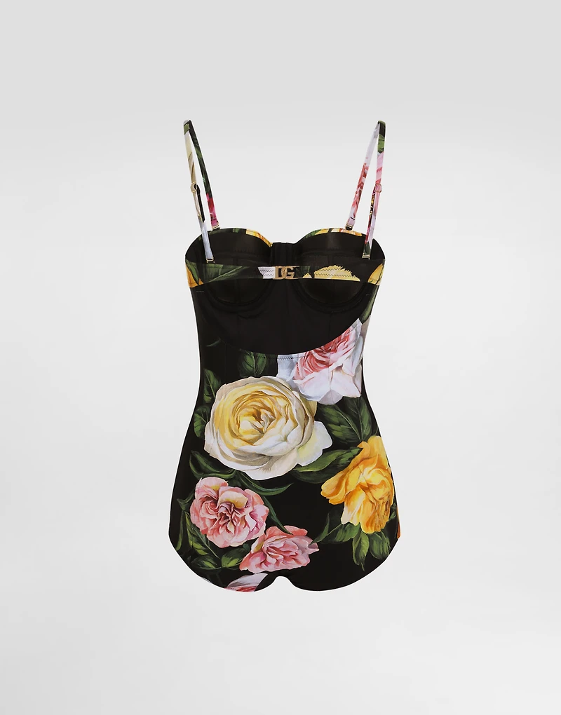 One-piece swimsuit with rose and peony print
