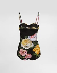 One-piece swimsuit with rose and peony print
