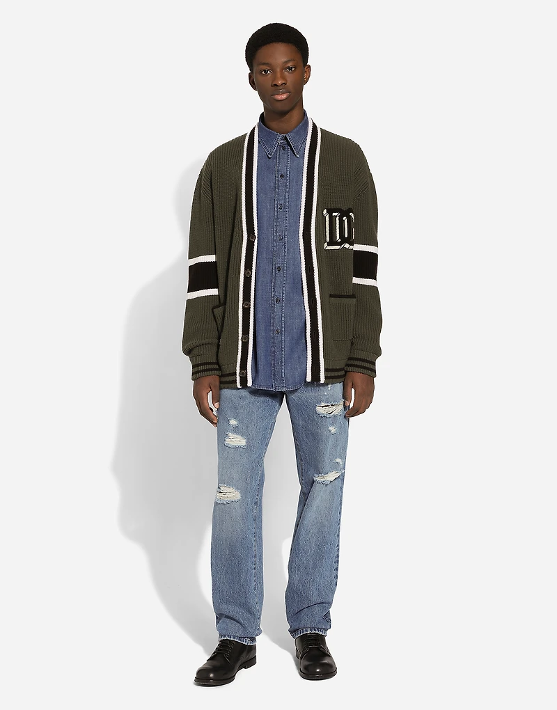 Wool fisherman’s rib-knit cardigan with DG logo patch