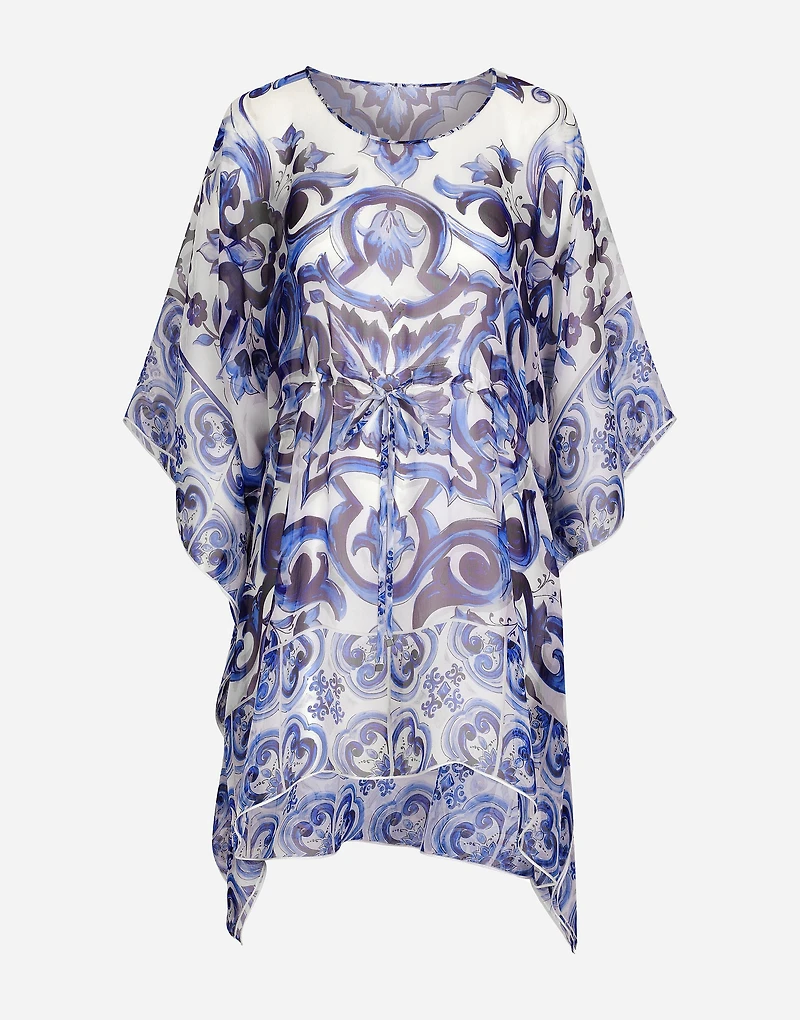 Short majolica-print chiffon caftan