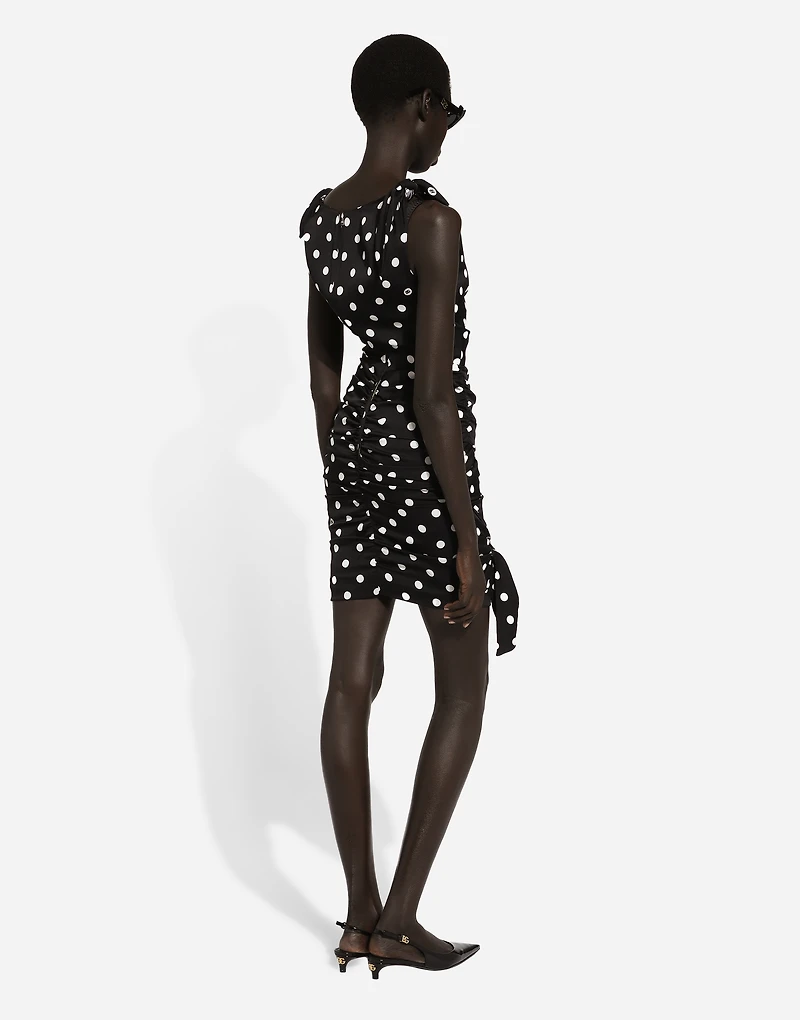 Charmeuse midi dress with draping and polka-dot print
