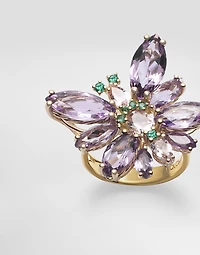Butterfly Ring 18-carat yellow gold, amethysts, morganites, and emeralds