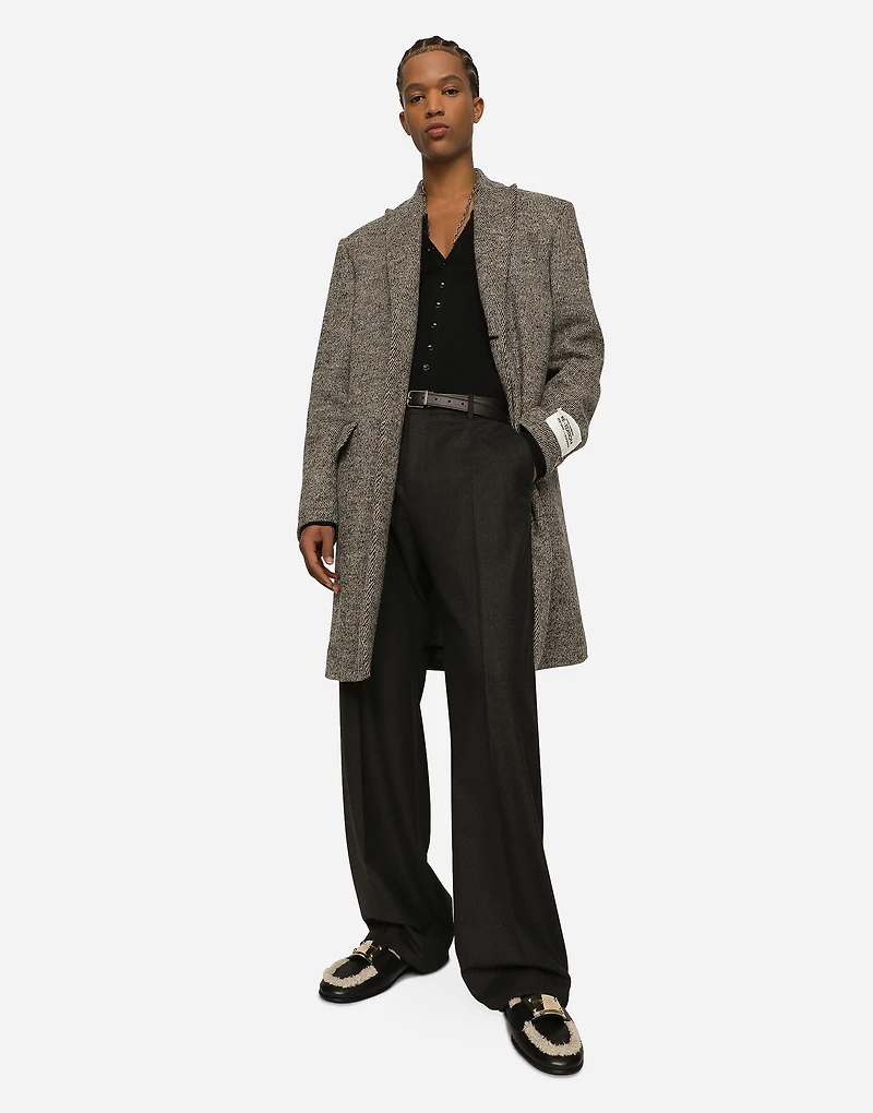 Single-breasted melange diagonal-weave wool coat