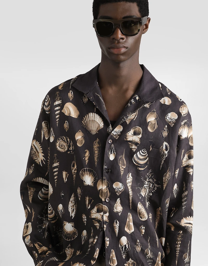 Shell-print oversized linen canvas shirt