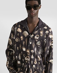 Shell-print oversized linen canvas shirt