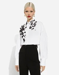 Oversize cotton shirt with lace appliqués