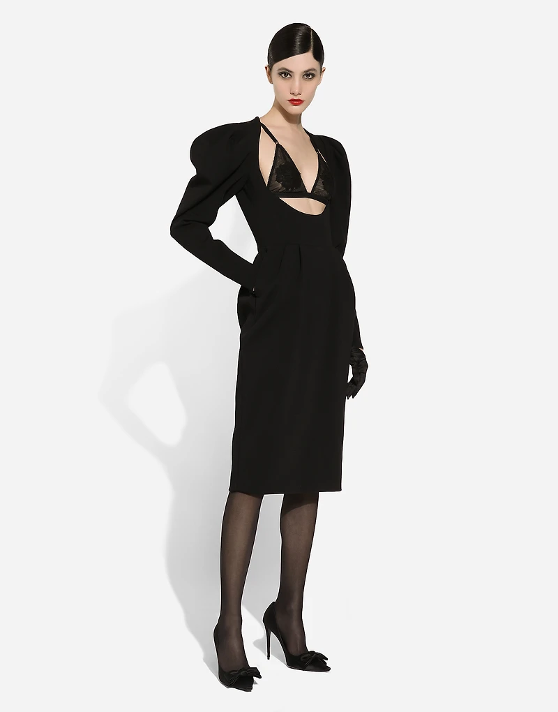 Calf-length wool dress with open neckline