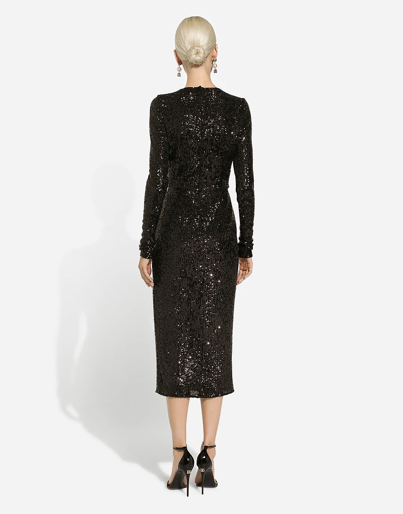 Micro-sequined calf-length dress