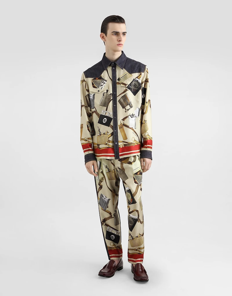 Loose blue denim and silk jeans with lighter print