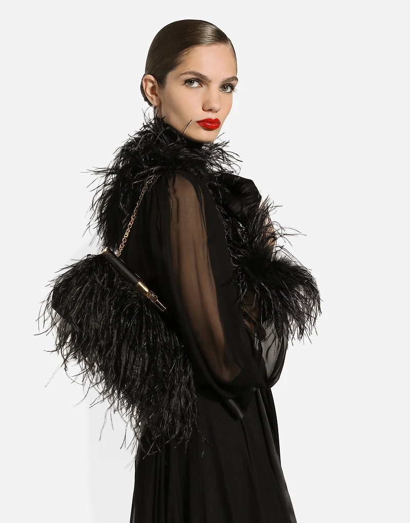 Long silk chiffon dress with ostrich feather details
