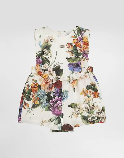 Flower-print short-sleeved linen canvas romper