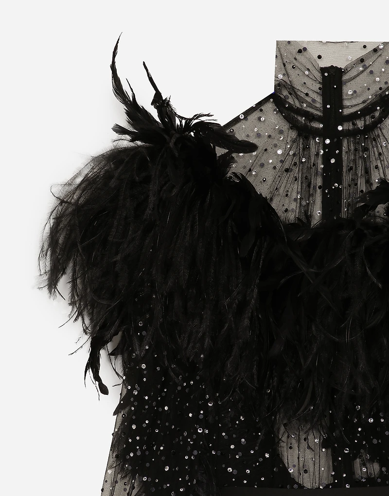 Calf-length stretch tulle dress with fusible rhinestones and rooster ostrich feather embellishment