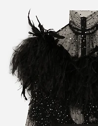 Calf-length stretch tulle dress with fusible rhinestones and rooster ostrich feather embellishment