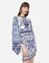 Short majolica-print charmeuse dress