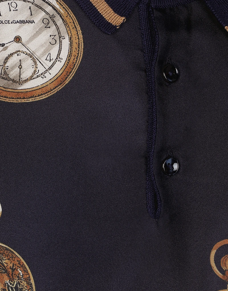 Watch-print silk polo-shirt
