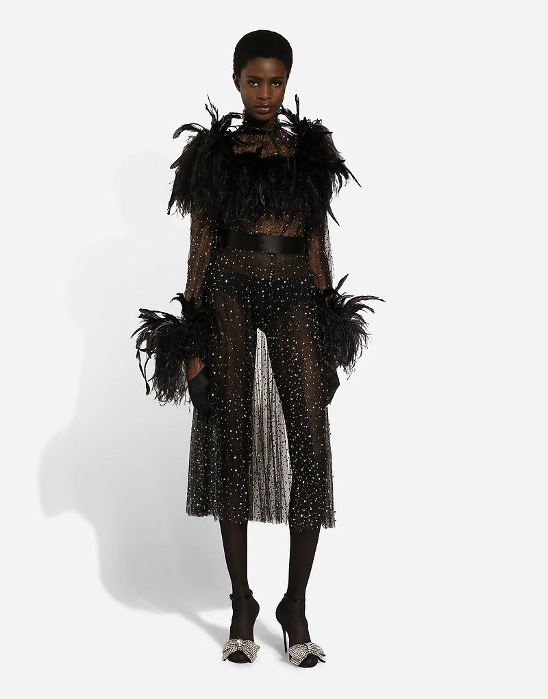 Calf-length stretch tulle dress with fusible rhinestones and rooster ostrich feather embellishment