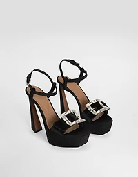 Velvet platform sandals with bejeweled buckle