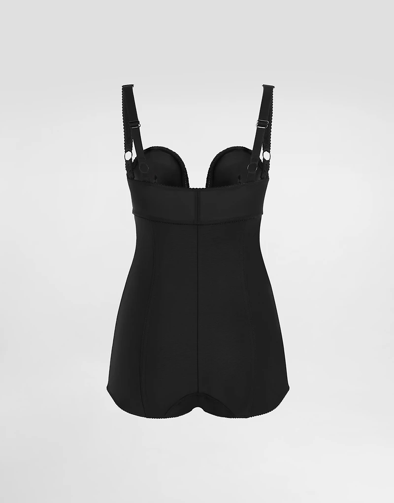 Lace and elasticated fabric bodysuit with deep neckline conical cups